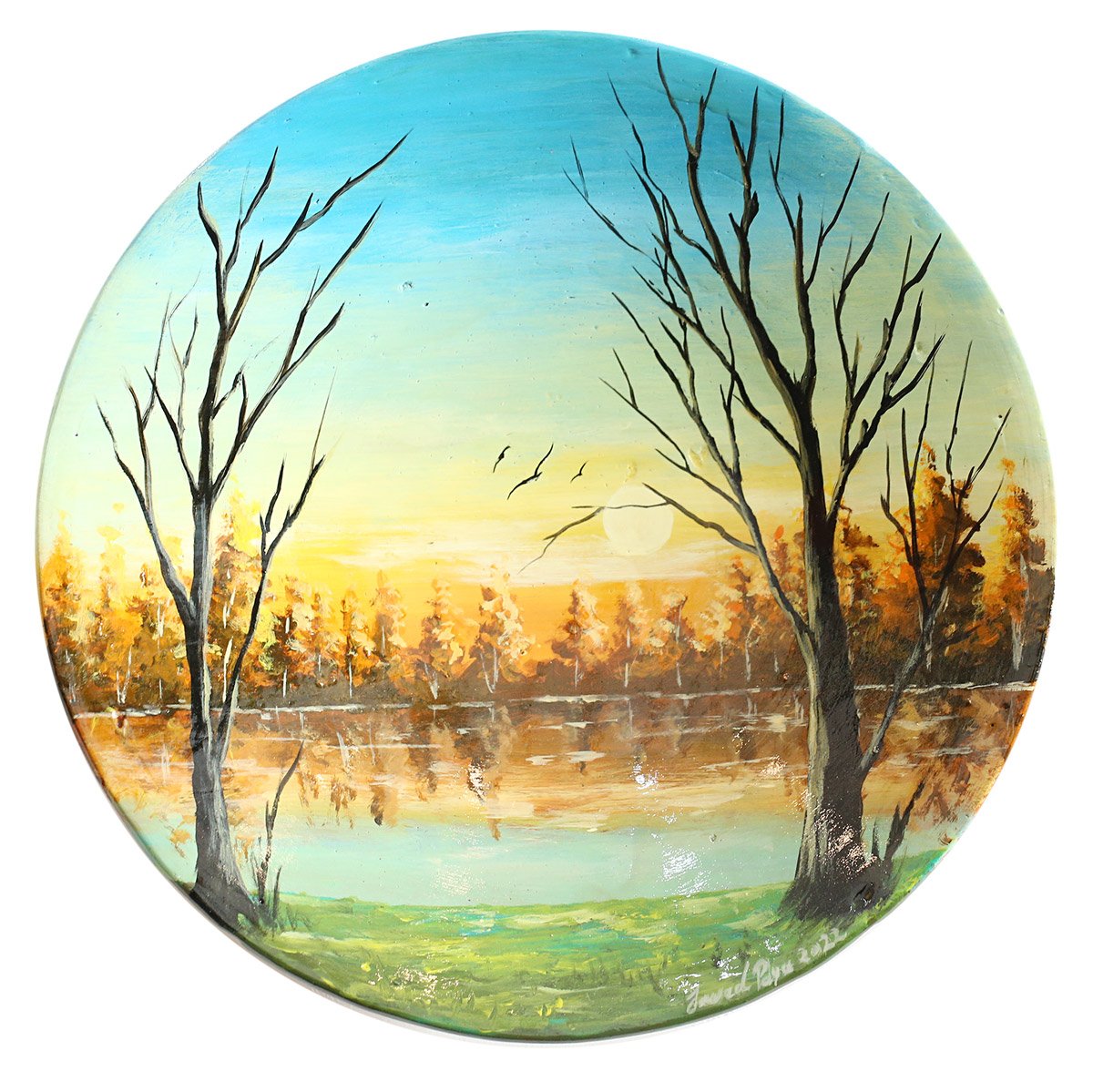 Autumn Season Artwork | Riverside Covered With Trees Painting 