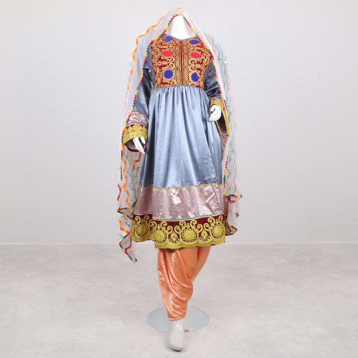 Silver Cherma Embroidered Pleated Bridal Dress | 3-Piece Gande Afghani