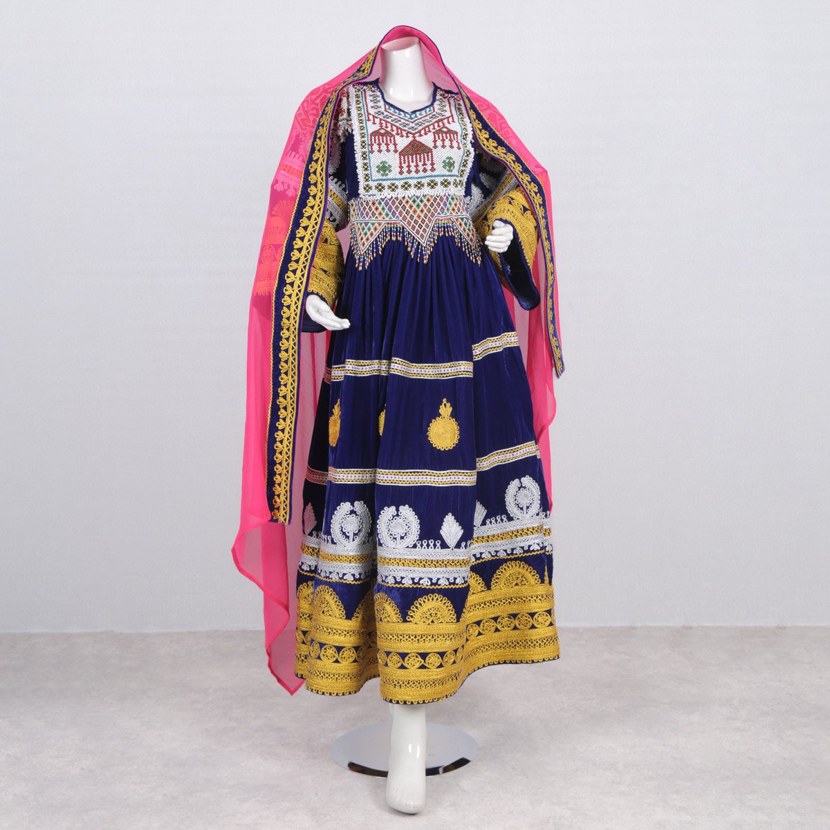 Cherma Embroidered Blue Afghan Kuchi Dress | Pleated Velvet Afghani Dress