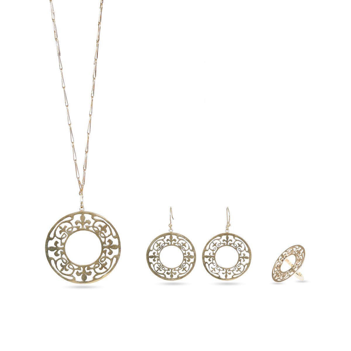 Gold Plated Jewelry Set | Round Drop Pendant, Earrings & Ring 