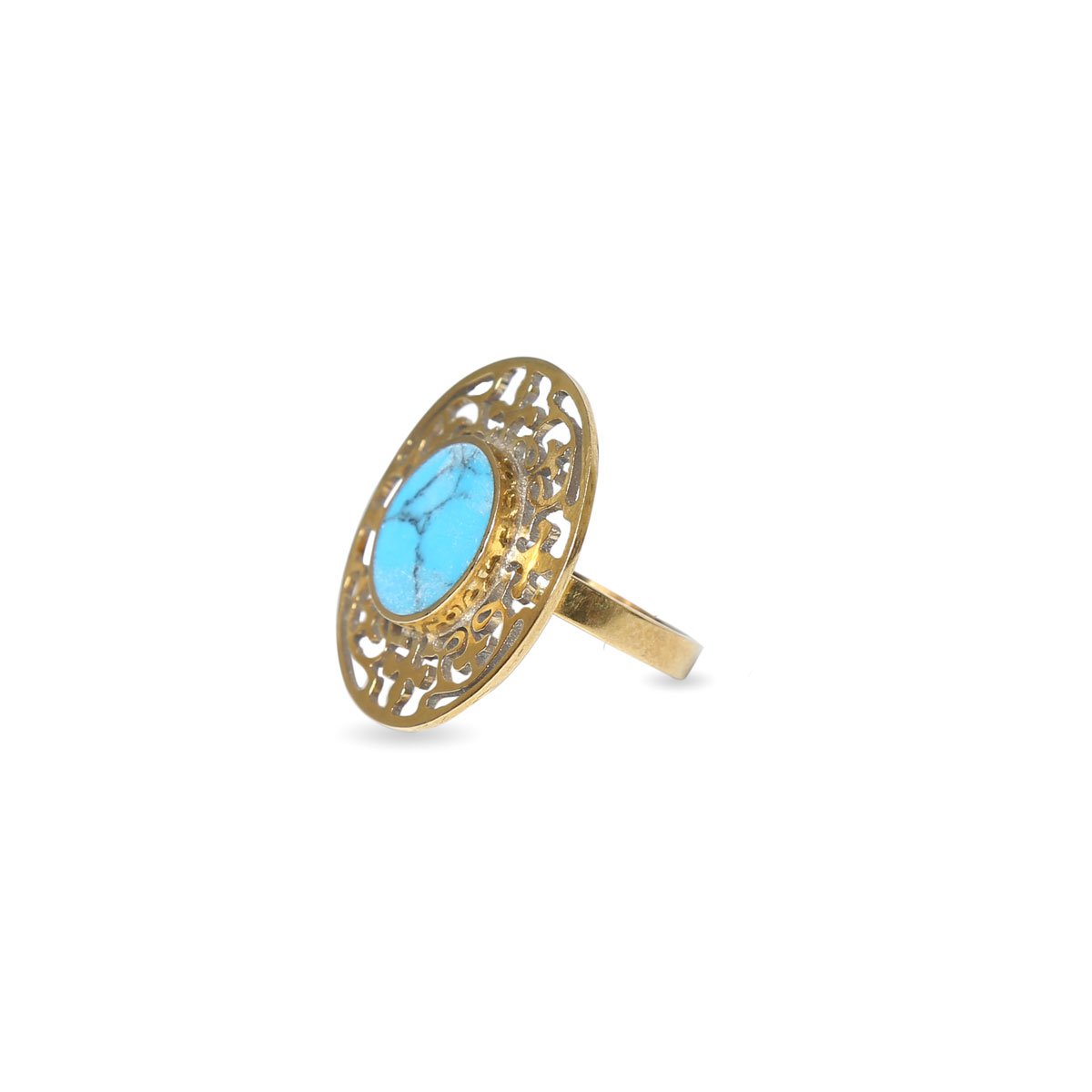 Blue Turquoise Brass Ring | Gold Plated Round Ring 
