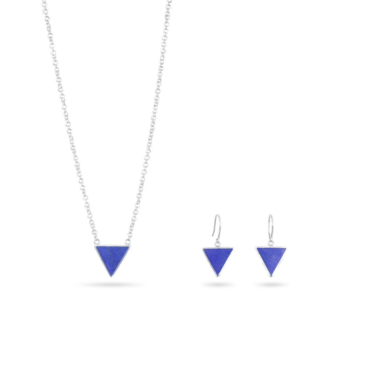 Lapis Stone Triangle Jewelry Set | Silver Triangle Pendant & Earrings 