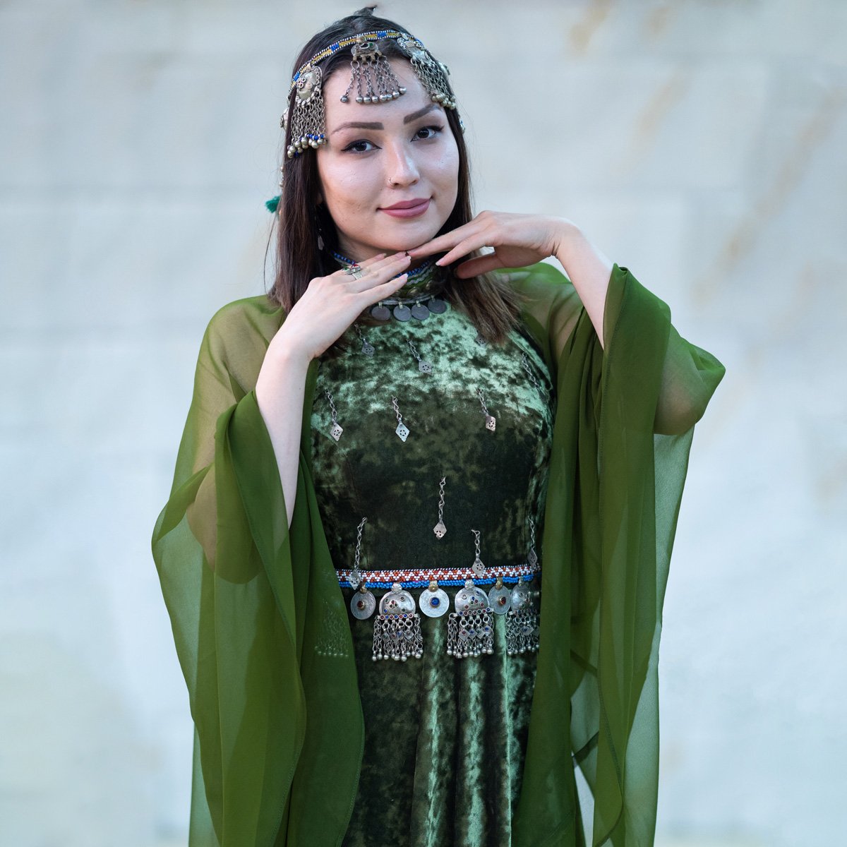 Green Coin Embroidered Belted Fancy Dress| Jali -Sleeves Party Wear Maxi