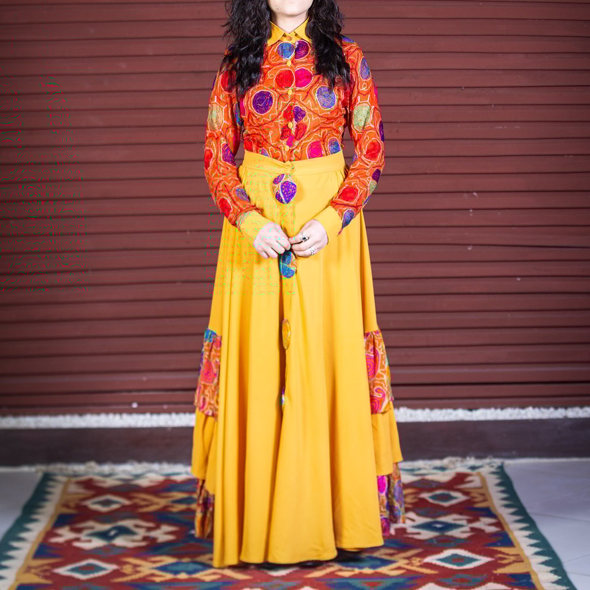 Yellow Cross-Stitch Frock | Crepe Button Down Frock 