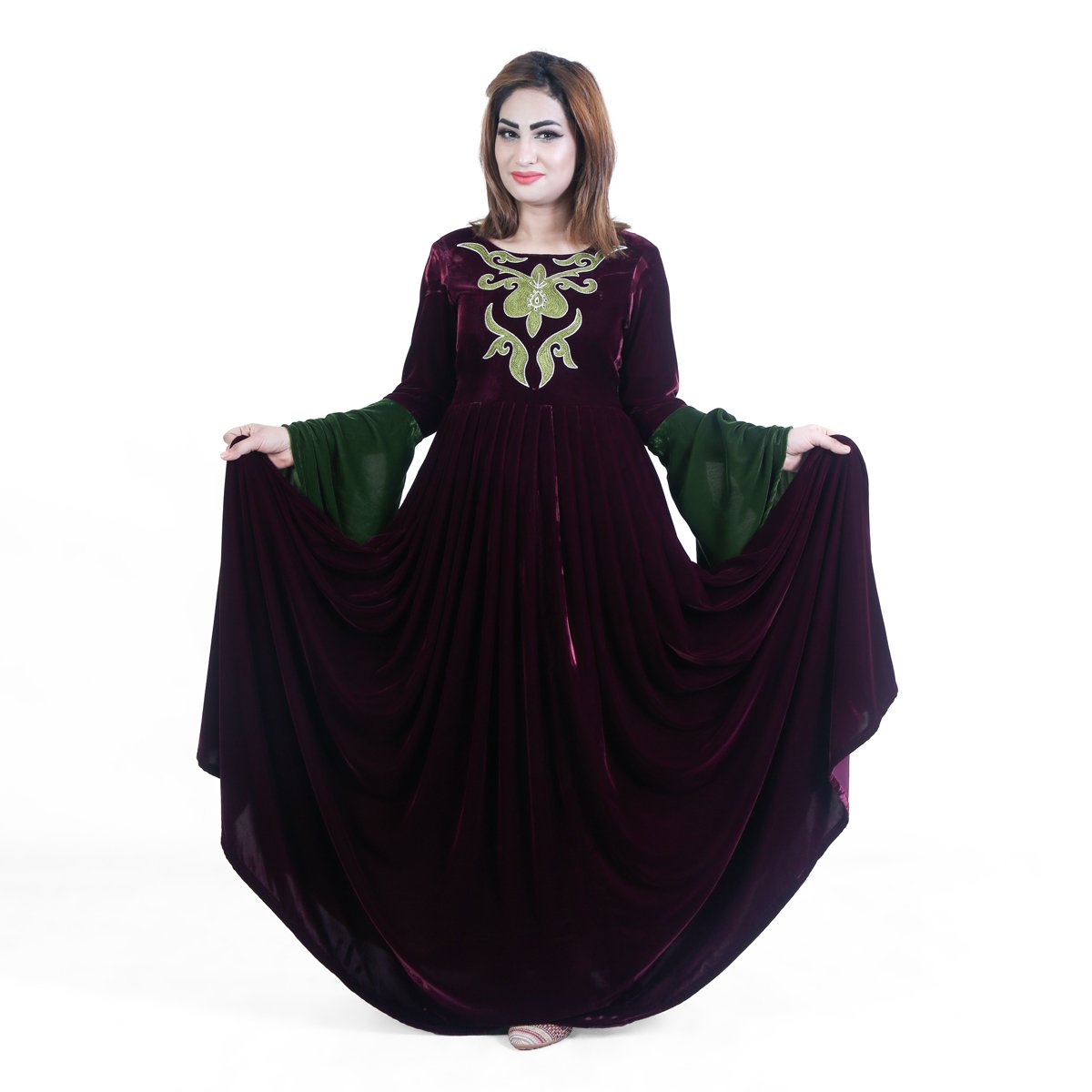 Maroon Long Party Wear Frock | Silk Velvet Long Dress