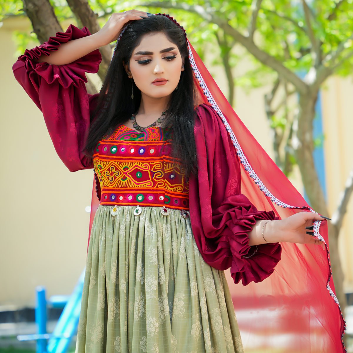 Olive Green Pleated Long Embroidered Afghani Dress | Velvet Floral Stitched Cuff Sleeves Party Wear Frock
