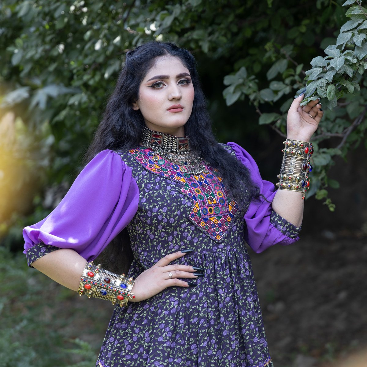 Georgette Prarie Skirt Long Frock | Purple Cuff Sleeves Maxi
