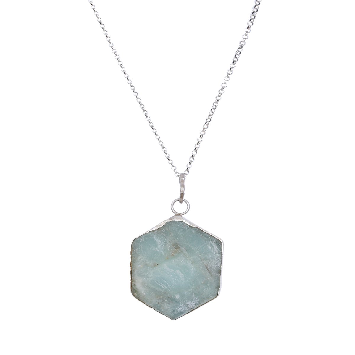 Aquamarine Stone Drop Necklace | Sterling Silver Hexagonal Cut Locket  