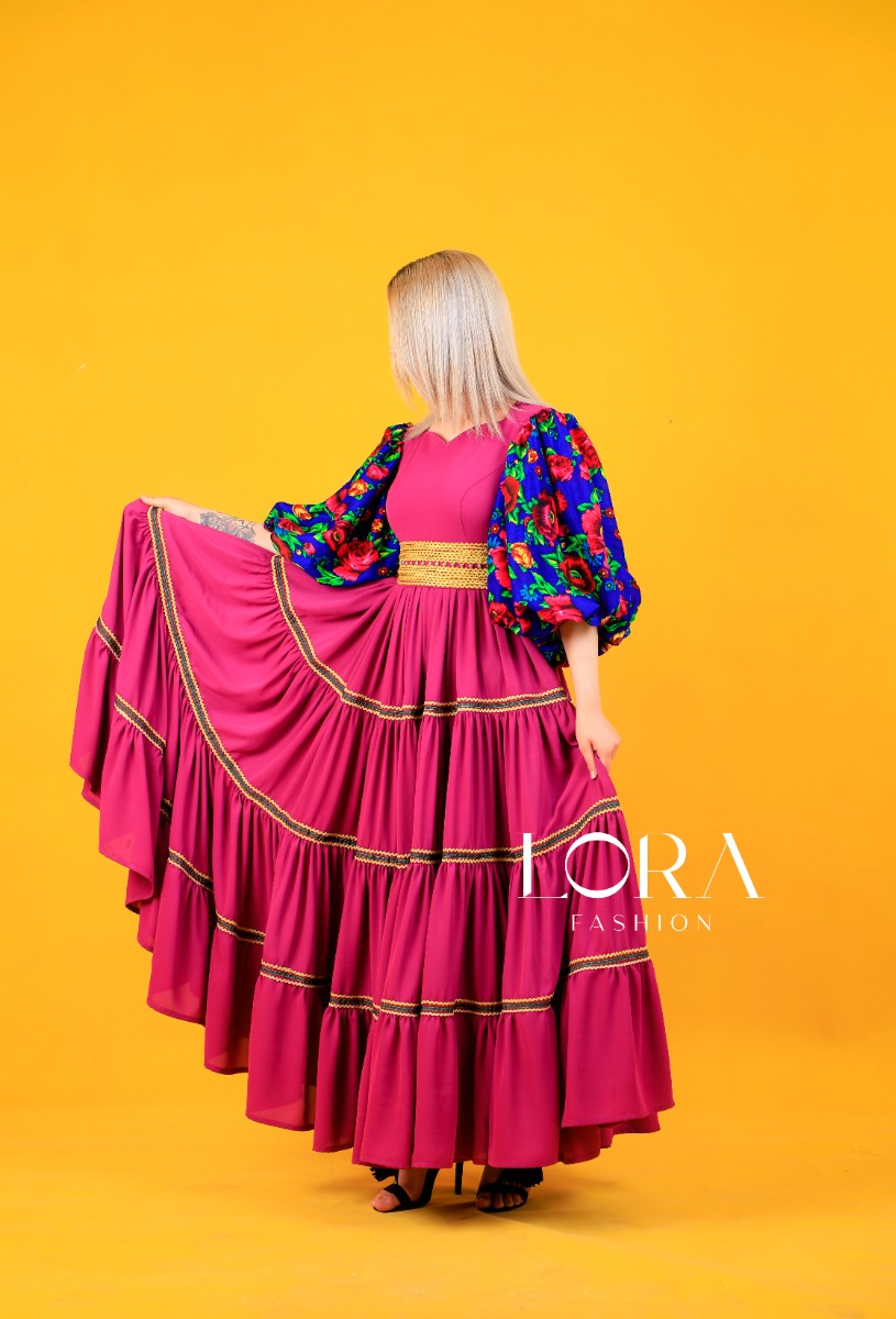Pink Prarie Skirt Fancy Belted Maxi | Golnegar Puffed Sleeves Party Wear Long Dress