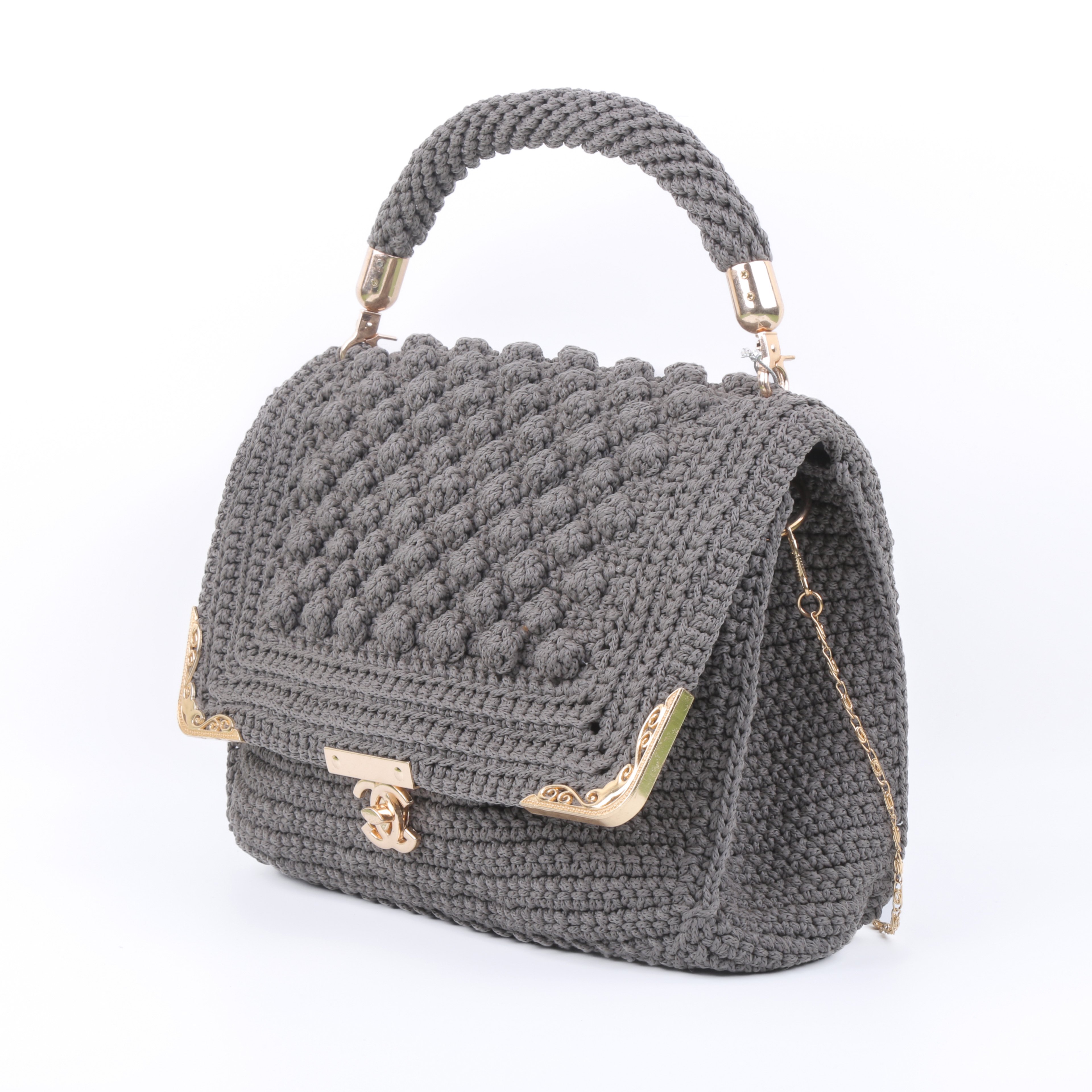 Gray Cross-Body Shoulder Bag | Embroidered Chain Strap Quilted Bag
