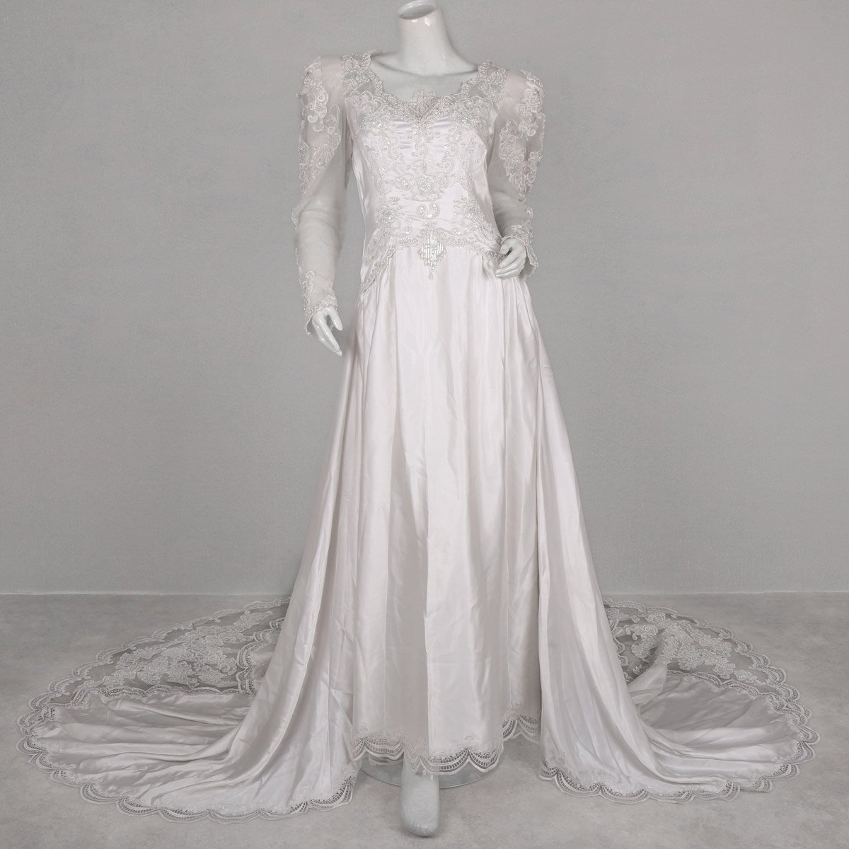White-Tailed Bridal Gown | Silk Satin Puffed Sleeves Bridal Maxi