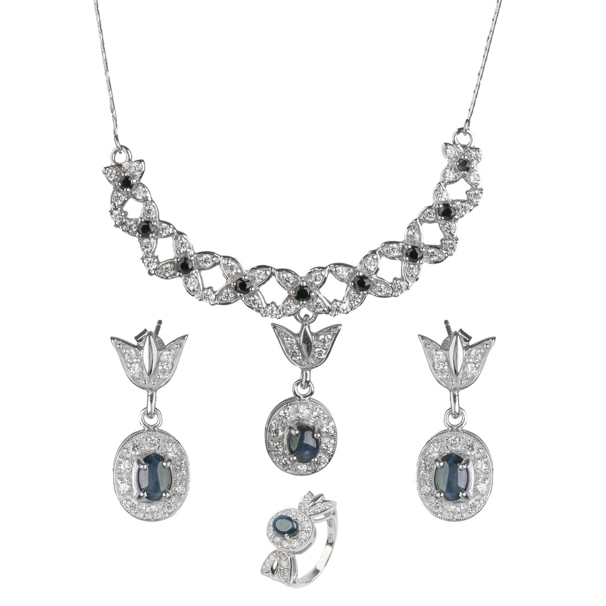 Bridal Sapphire Graduated Locket Set | Silver 925 Fancy Ring Earring and Necklace