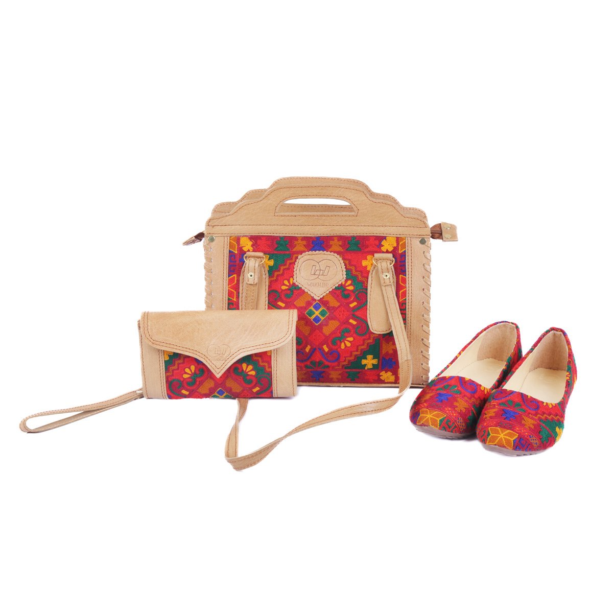 Red Embroidered Matching Bags and Shoes | Tote Bag With Clutch Purse and Ballet Flats 