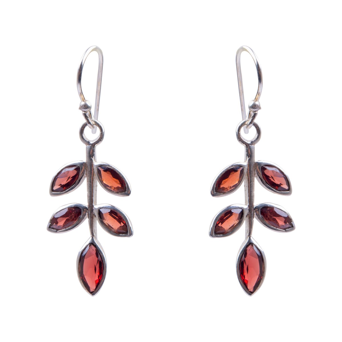 Garnet Leaf Design Earrings | Silver Dangle Earrings 