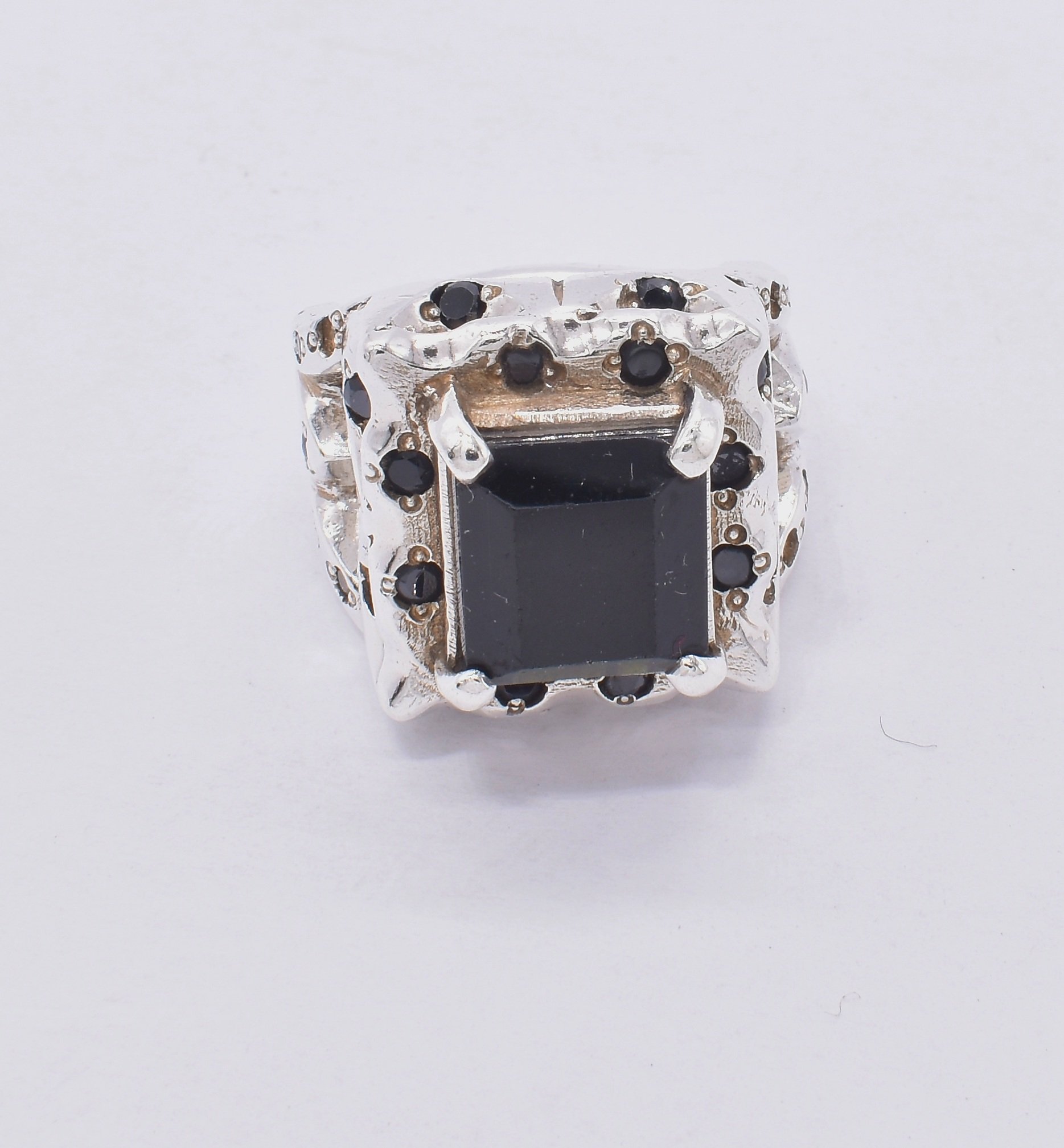 Black Tourmaline Cushion Style Ring | Silver Emerald Cut Men's Ring 