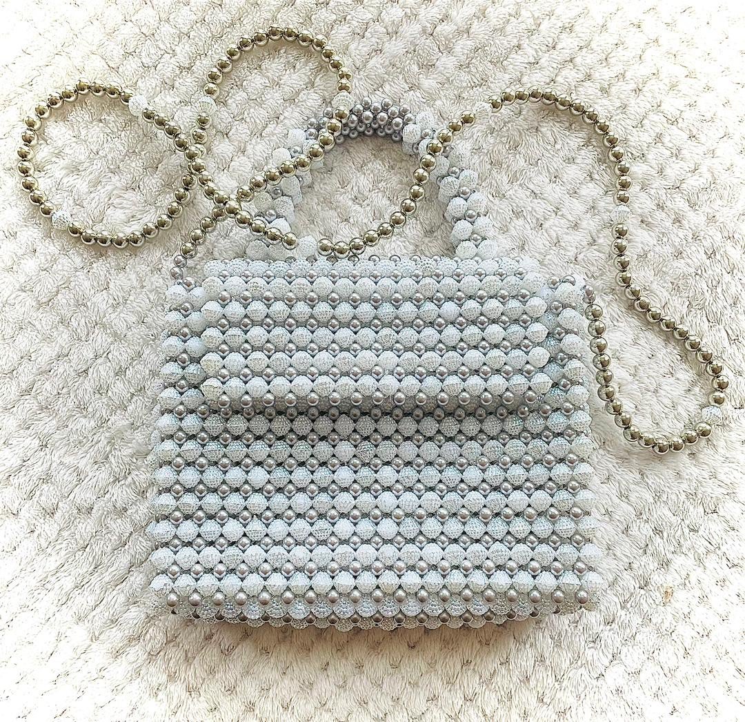 Gray and White Bead Embroidered Quilted Bag | Chain Strap Clutch Shoulder Bag 