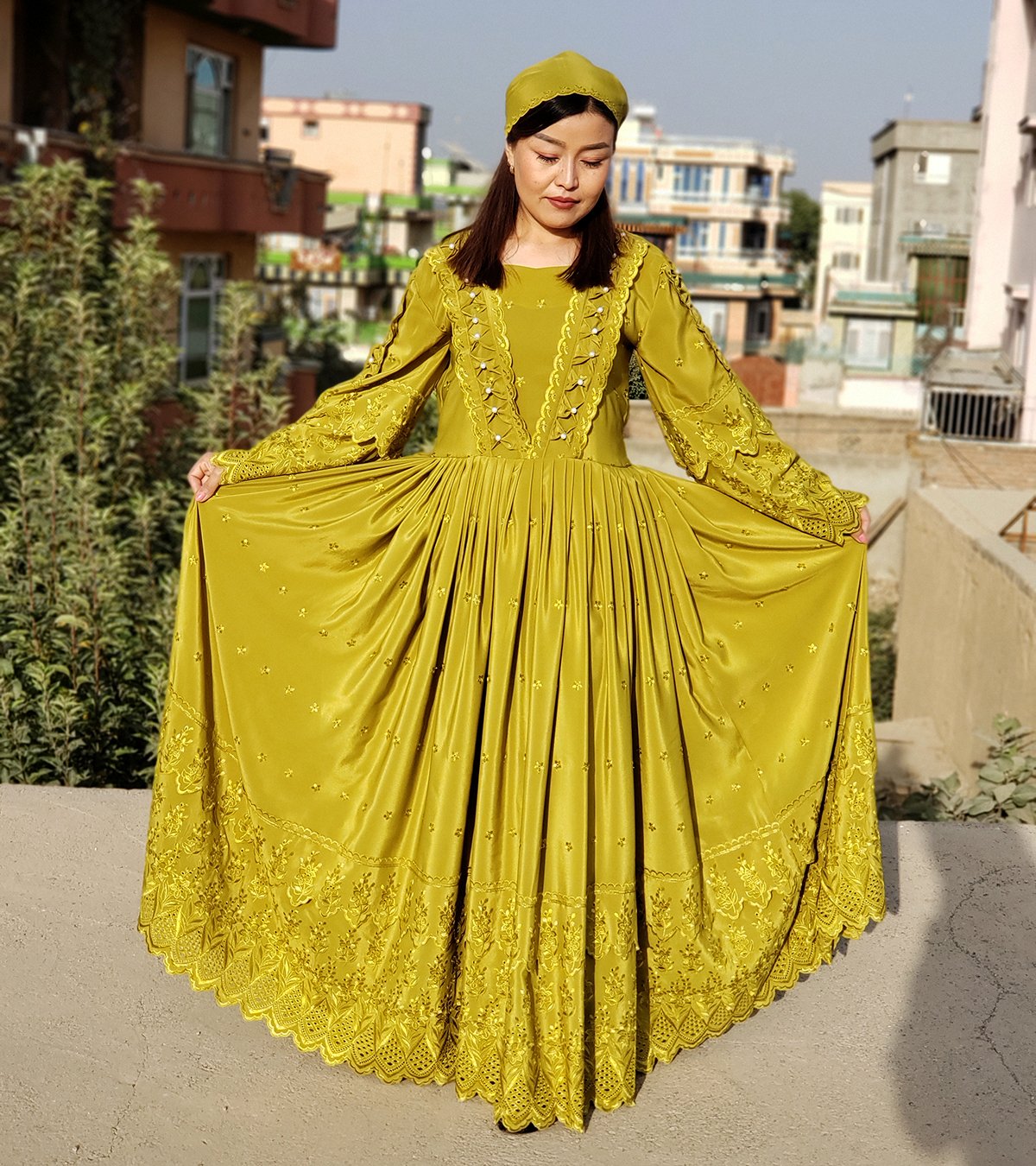 Mustard Do-Damana Vail Hazargi Dress | Long Pleated Skirt Long Frock with Matching Scarf