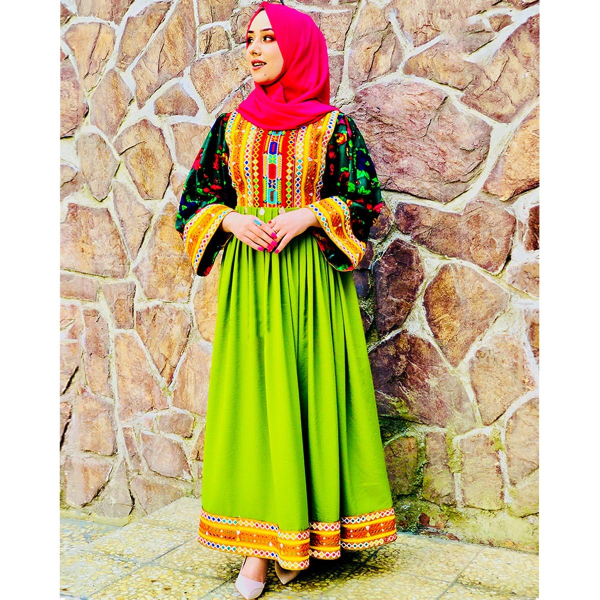 Golnegar Party Wear Long Dress | Pistachio Pleated Balloon Sleeves Dress 