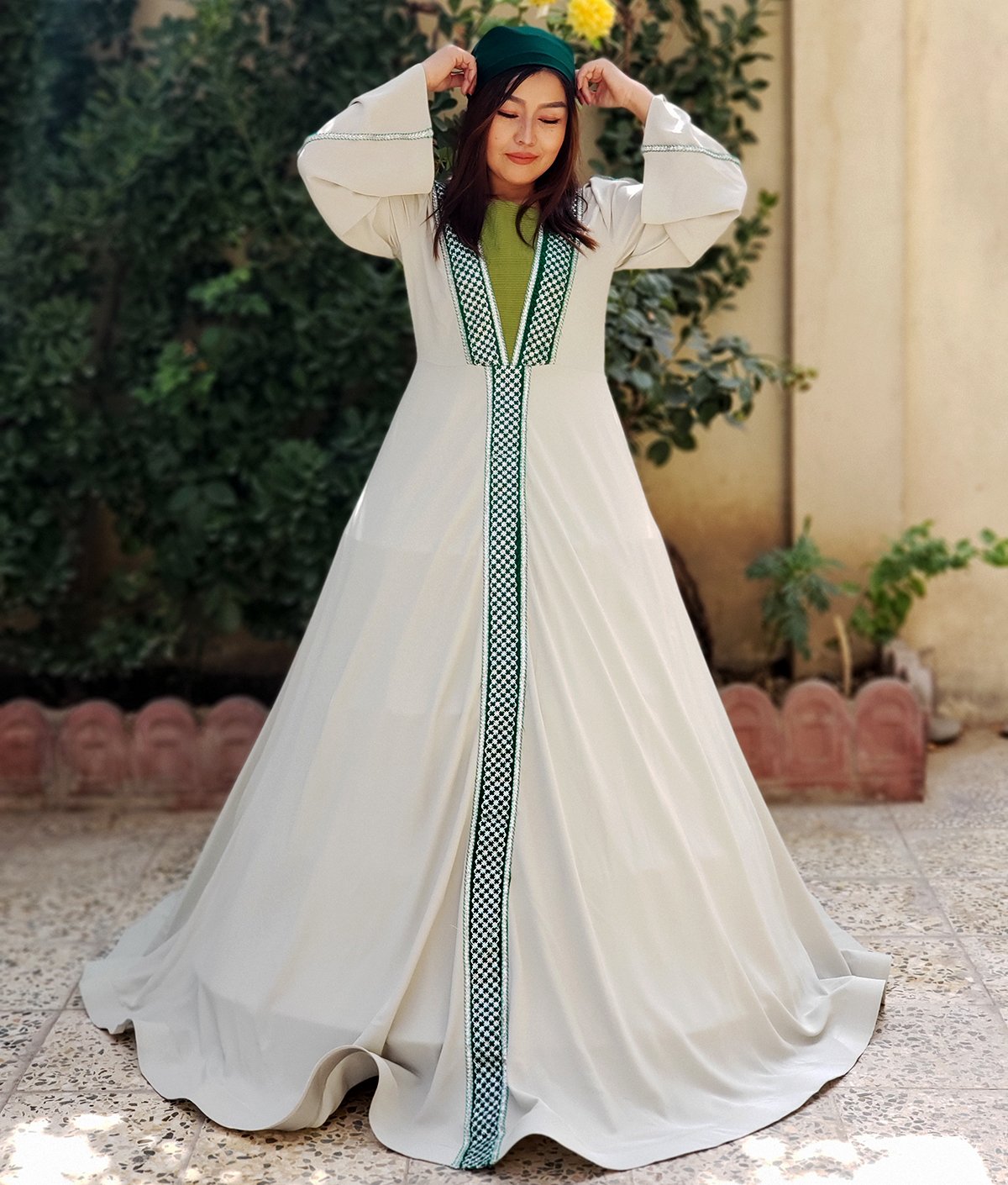 White Lace Embroidered Long Dress | Flare Sleeves A-Line Skirt Gown 