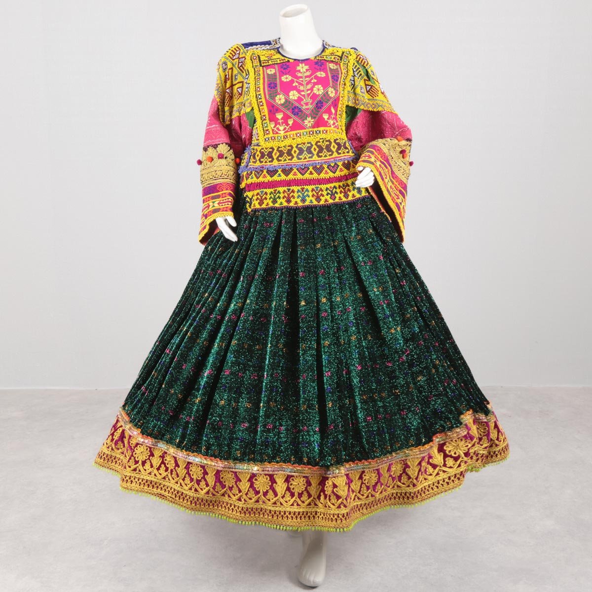 Green Kuchi Embroidered Sunray Pleated Long Frock | Zari Velvet Party Wear Dress