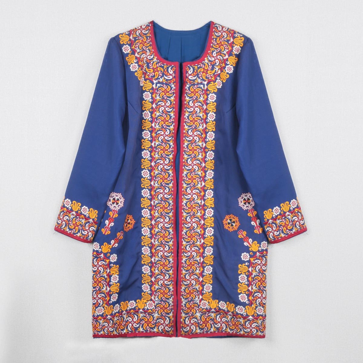 Navy Blue Floral Embroidered Plain Shirt | Cotton Casual Wear Dress