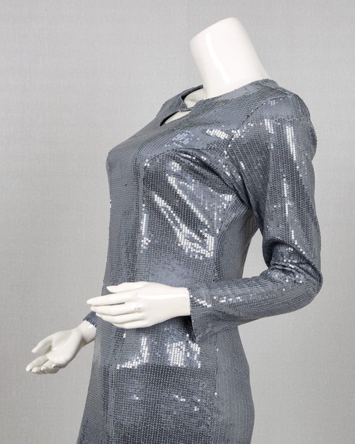 Silver Sequin Long Sleeve Maxi Evening Gown 1