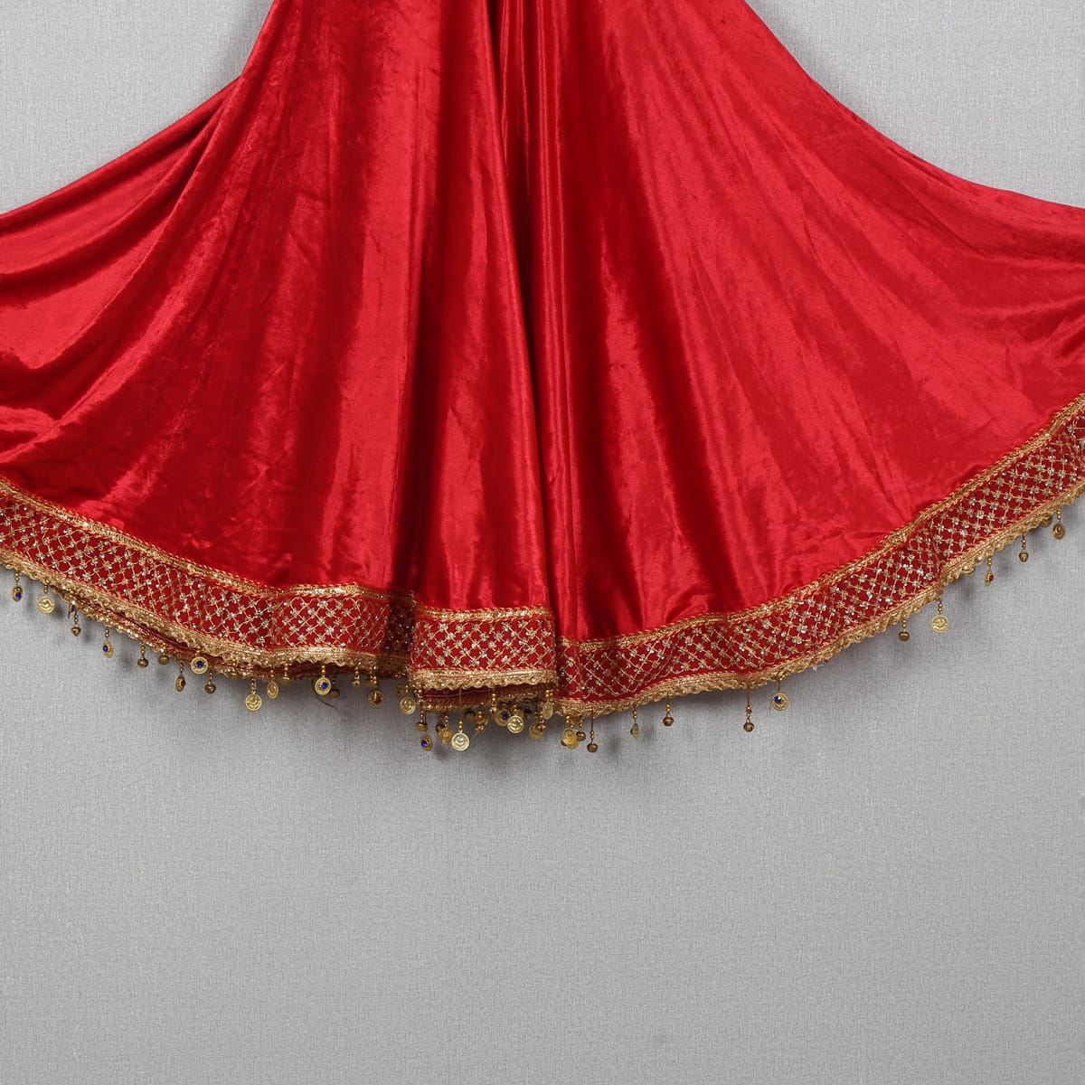 Red Velvet Ethnic Dress with Blue Embroidered Bodice and Jhanjhar Detailing 3