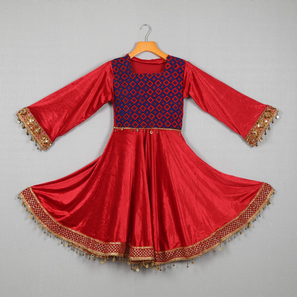 Red Velvet Ethnic Dress with Blue Embroidered Bodice and Jhanjhar Detailing 1