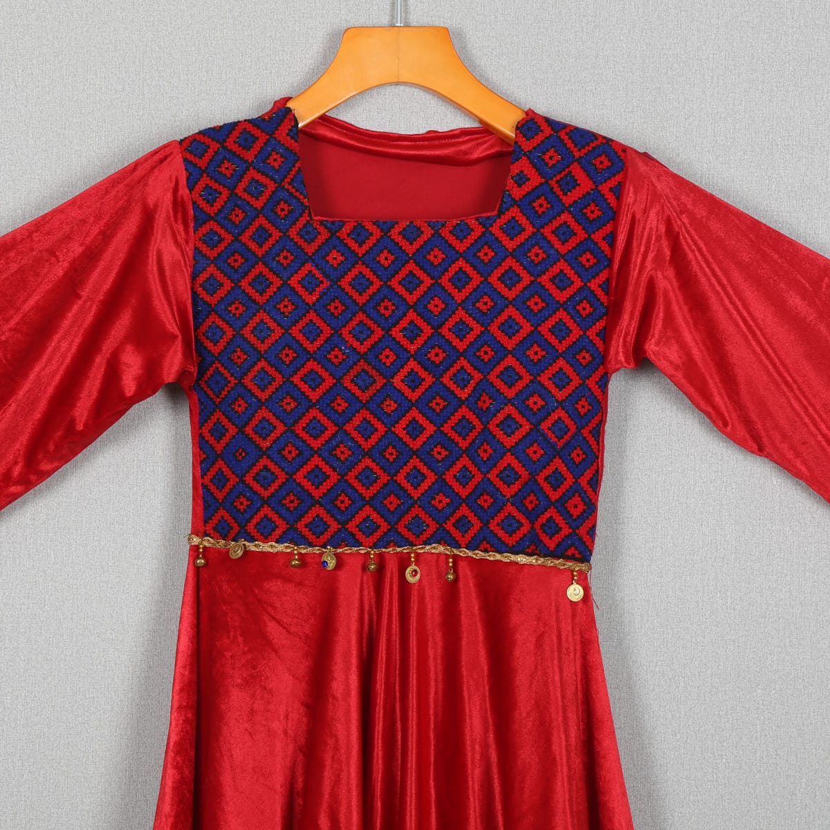 Red Velvet Ethnic Dress with Blue Embroidered Bodice and Jhanjhar Detailing 2