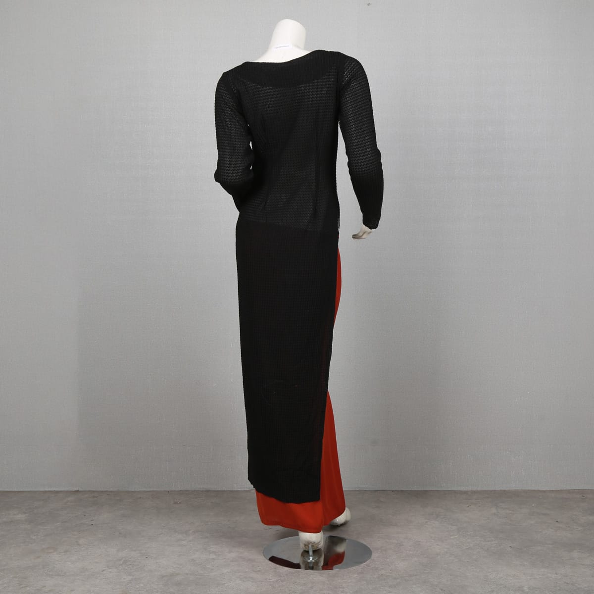 Black Mesh Long Dress with Red Underlay Pants 2