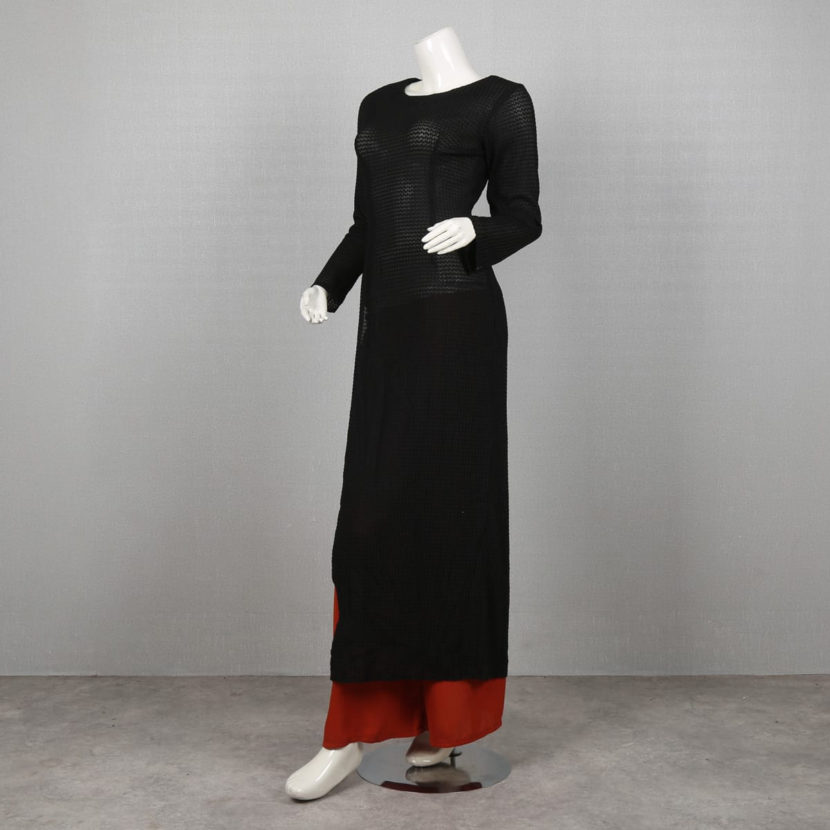 Black Mesh Long Dress with Red Underlay Pants 1