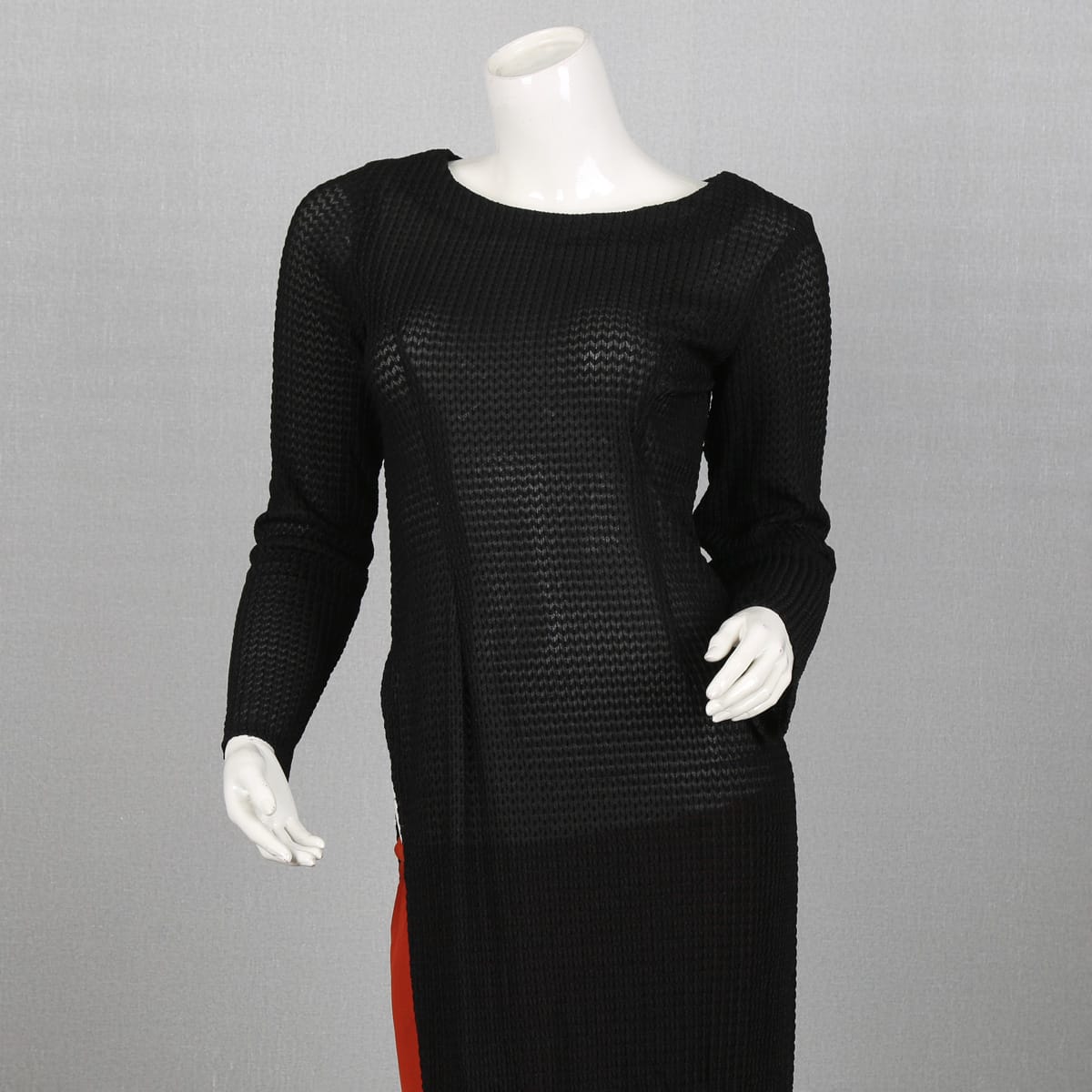 Black Mesh Long Dress with Red Underlay Pants 3