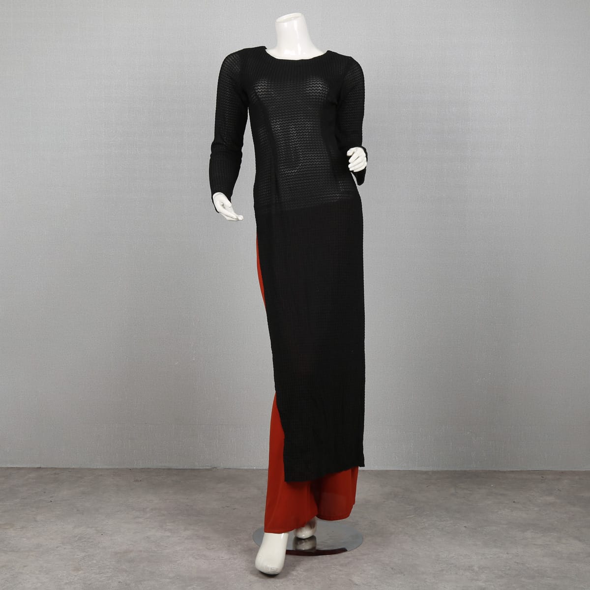 Black Mesh Long Dress with Red Underlay Pants 4