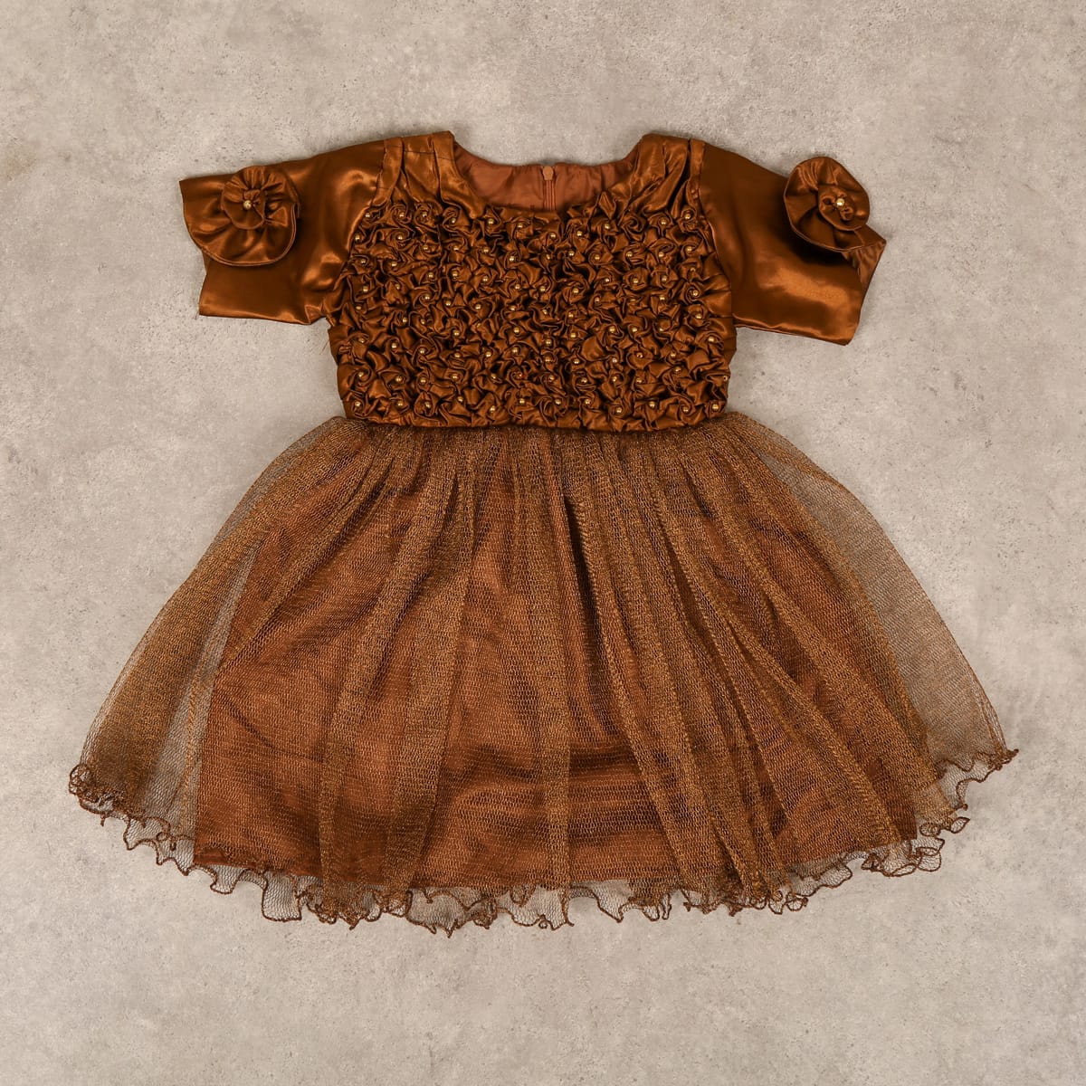 Brown Satin and Tulle Dress with Rosette Bodice and Tulle Skirt 1