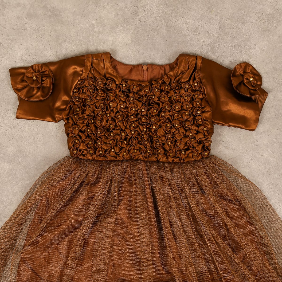 Brown Satin and Tulle Dress with Rosette Bodice and Tulle Skirt 3