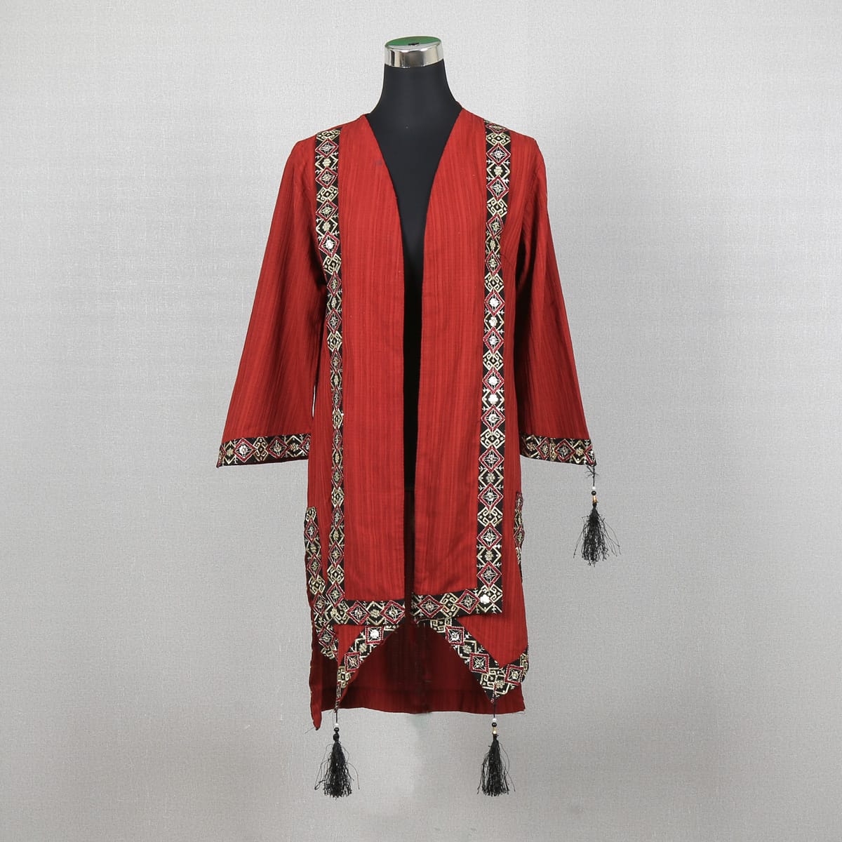 Embroidered Bohemian Red Open-Front Jacket with Tassels 3