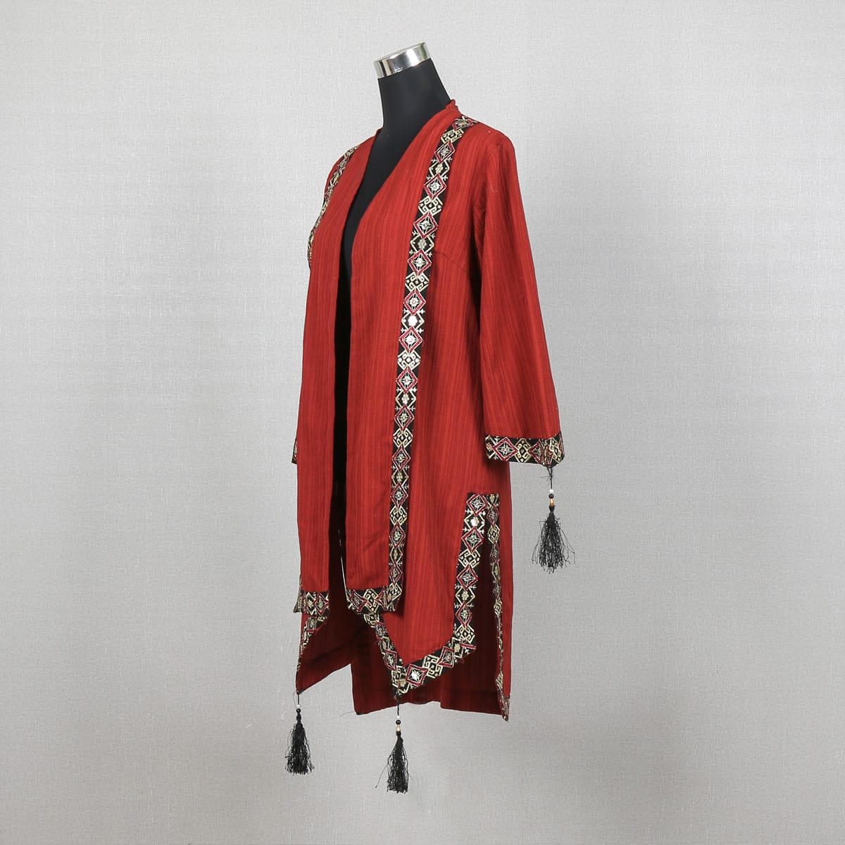 Embroidered Bohemian Red Open-Front Jacket with Tassels 1