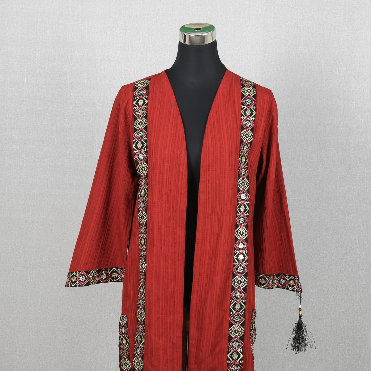 Embroidered Bohemian Red Open-Front Jacket with Tassels 4