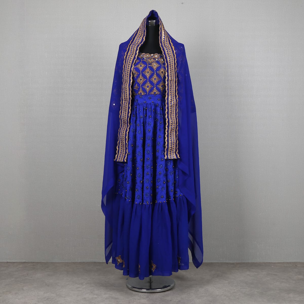 Traditional Blue Embroidered Dress with Matching Shawl 4