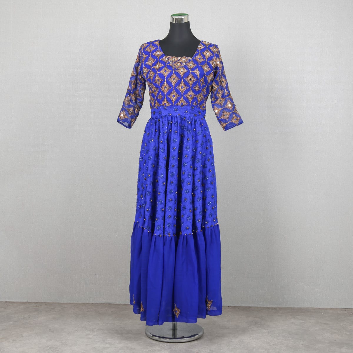 Traditional Blue Embroidered Dress with Matching Shawl 6