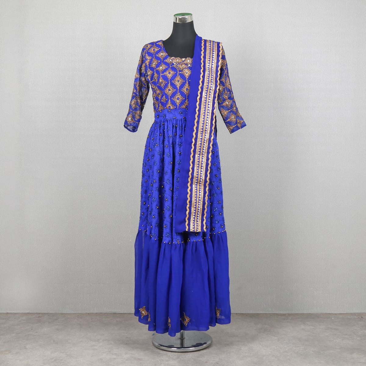 Traditional Blue Embroidered Dress with Matching Shawl 1