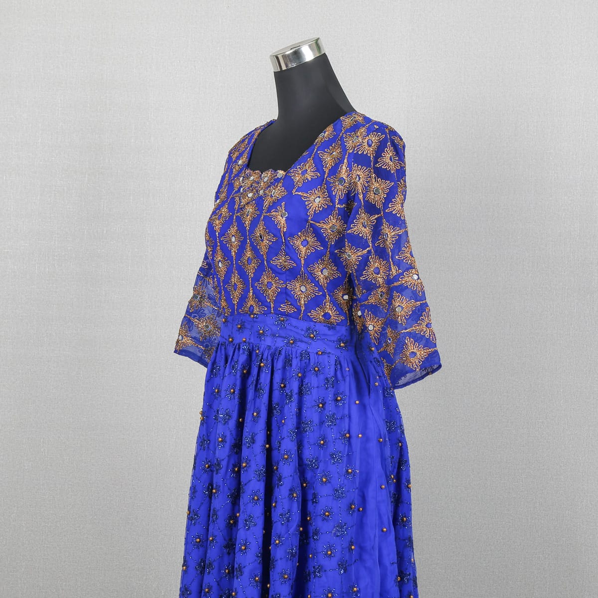 Traditional Blue Embroidered Dress with Matching Shawl 3