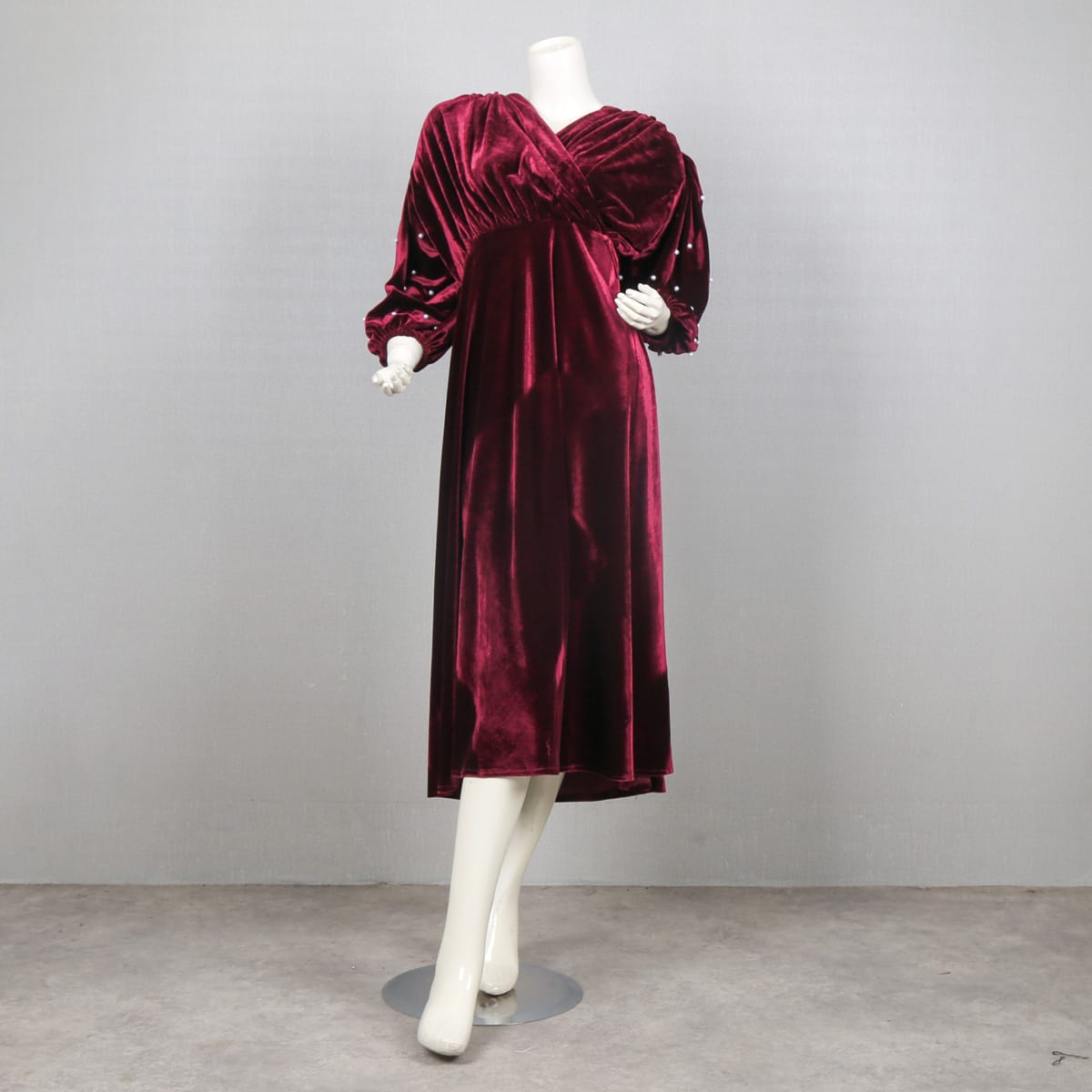 Burgundy Velvet Wrap Dress with Puffed Sleeves 2