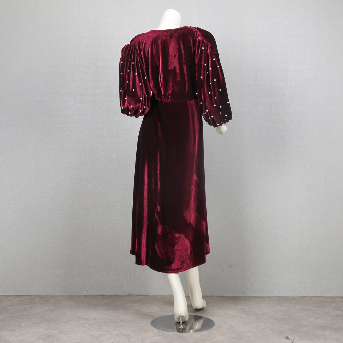 Burgundy Velvet Wrap Dress with Puffed Sleeves 1
