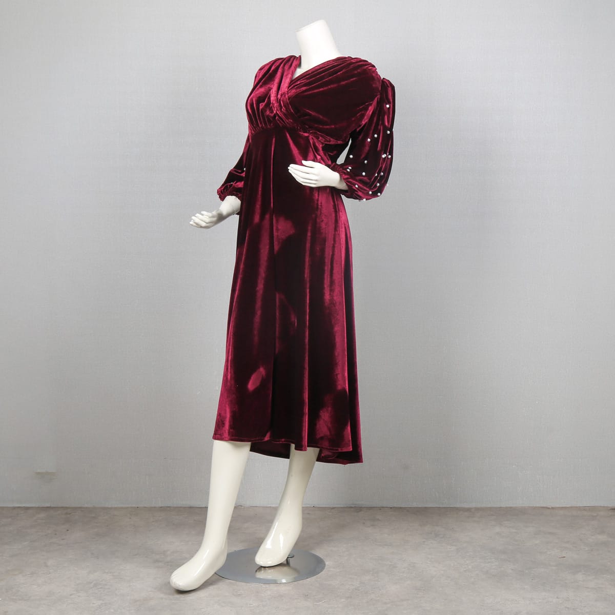 Burgundy Velvet Wrap Dress with Puffed Sleeves 4