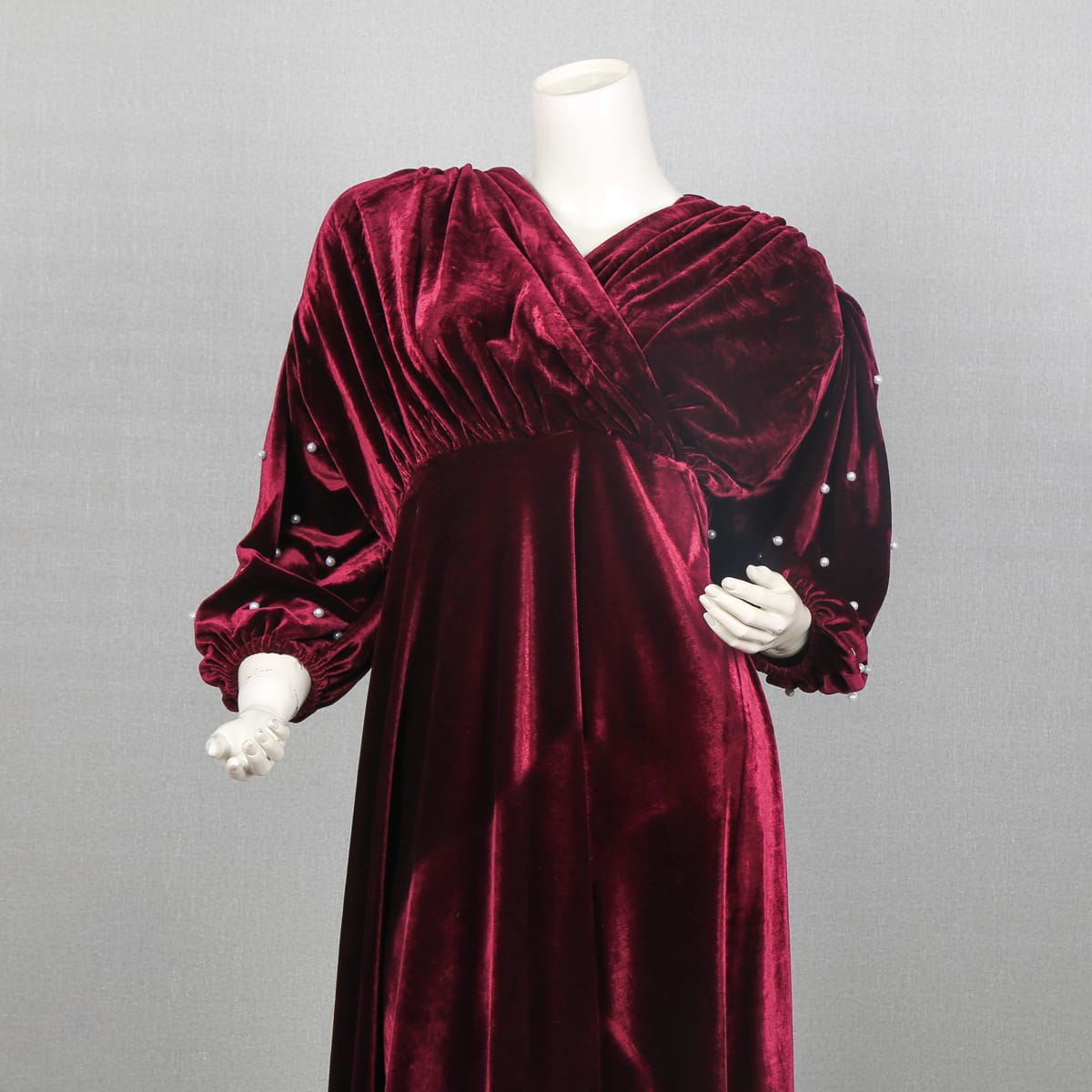 Burgundy Velvet Wrap Dress with Puffed Sleeves 3