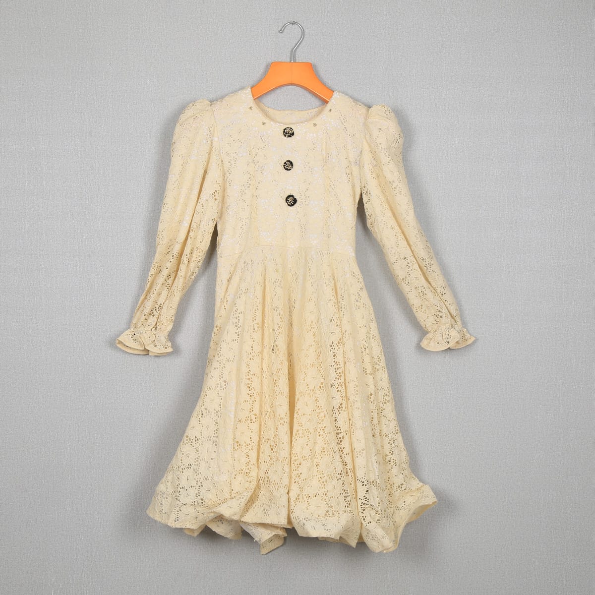 Cream Lace Button-Down Dress with Puff Sleeves 2