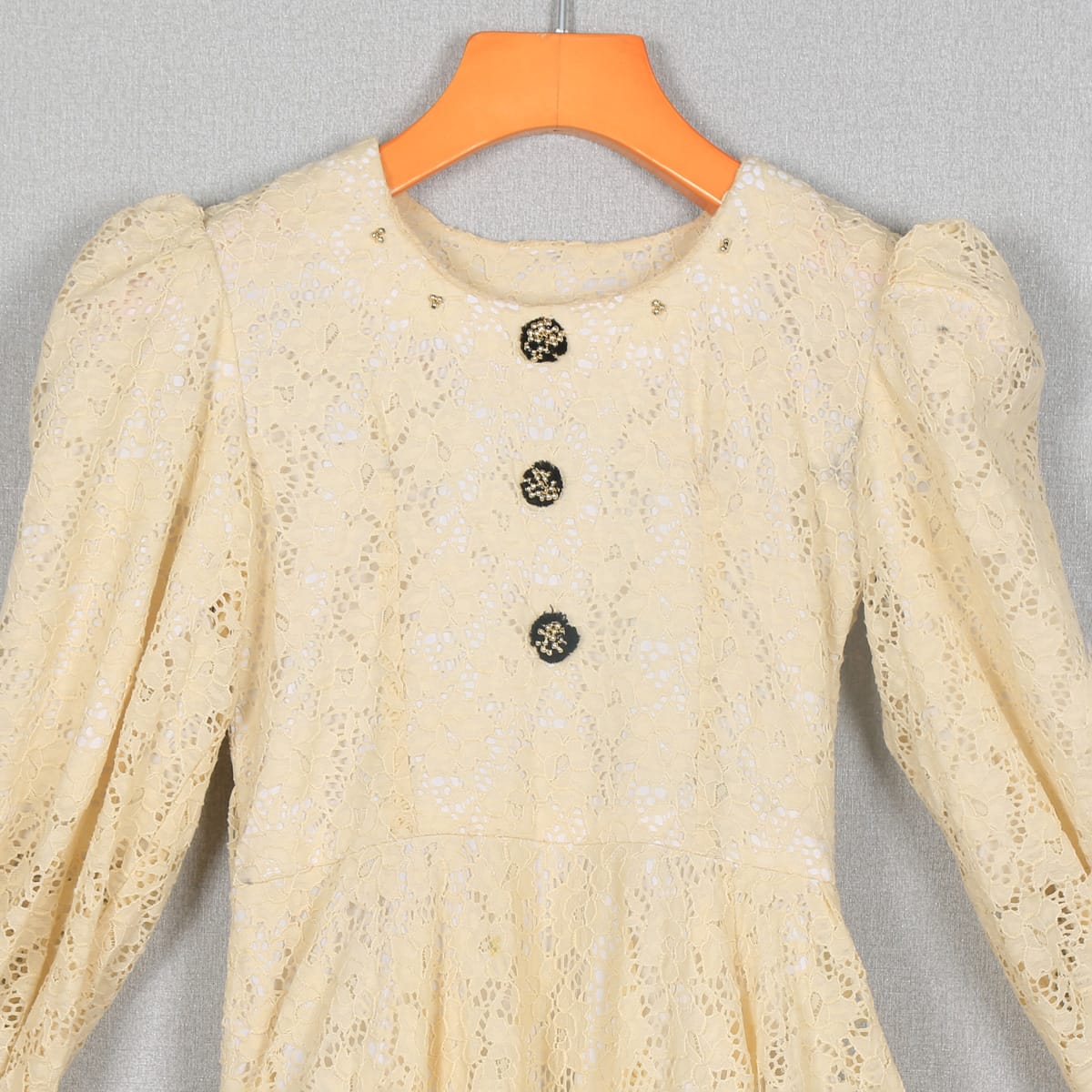 Cream Lace Button-Down Dress with Puff Sleeves 3