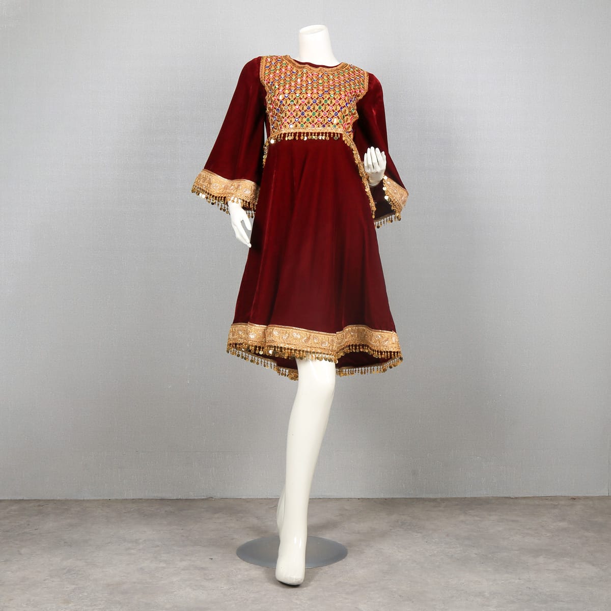 Burgundy Velvet Dress with Golden Embroidery and Tassel Trim 4