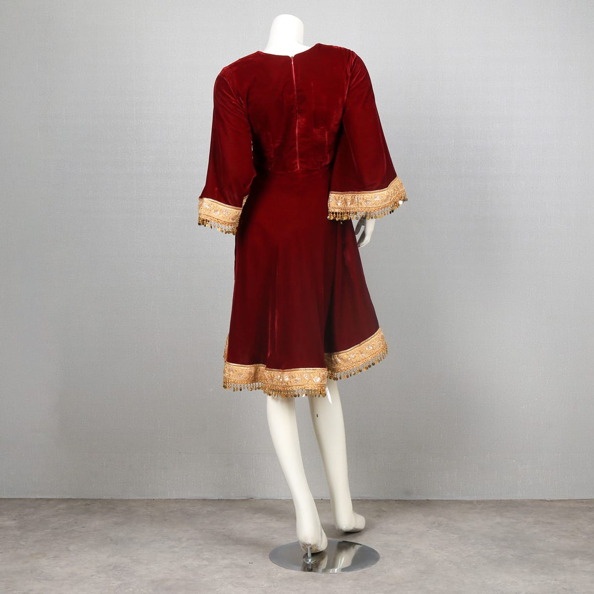 Burgundy Velvet Dress with Golden Embroidery and Tassel Trim 3